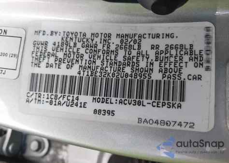 2002 Toyota Camry Se from USA, damaged, VIN 4T1BE32K02U048955